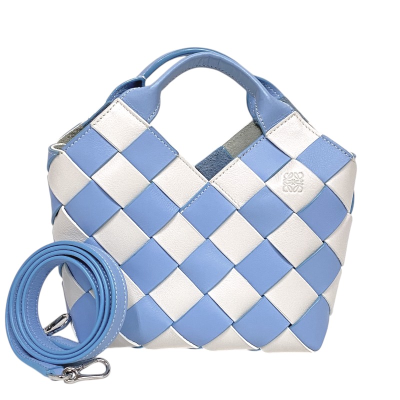 ロエベ LOEWE ウーブンバスケット ミニ 321.14.T24 ともし火青色×白いこと カーフレザー レディース ハンドバック ショルダーバッグ【中古】 バッグ・小物・ブランド雑貨-バッグ
