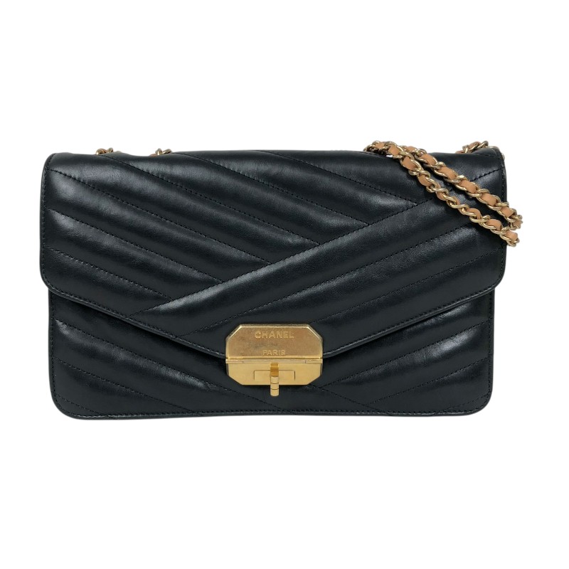 シャネル CHANEL バイアスステッチ フラップバッグ ブラック ゴールド金具 ラムスキン レディース ショルダーバッグ【中古】