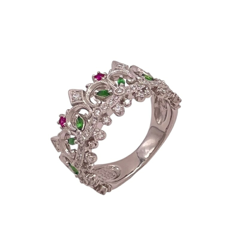 RIZ ジュエリー クラウンモチーフ リング プラチナ Pt グリーンガーネット ジュエリー【中古】