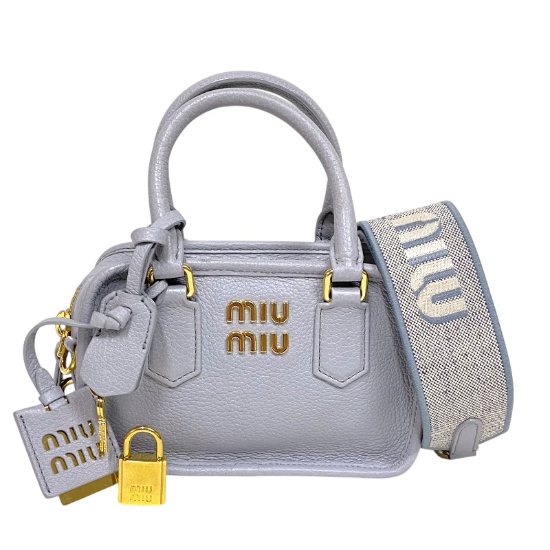 【6/1～ 最大限度30,000円OFF引き換え証！】ミュウミュウ miu miu アルカディ なめし革御徒面子 5BB123 パープルグレー ゴールド金具 レディース ハンドバック ショルダーバッグ【中古】