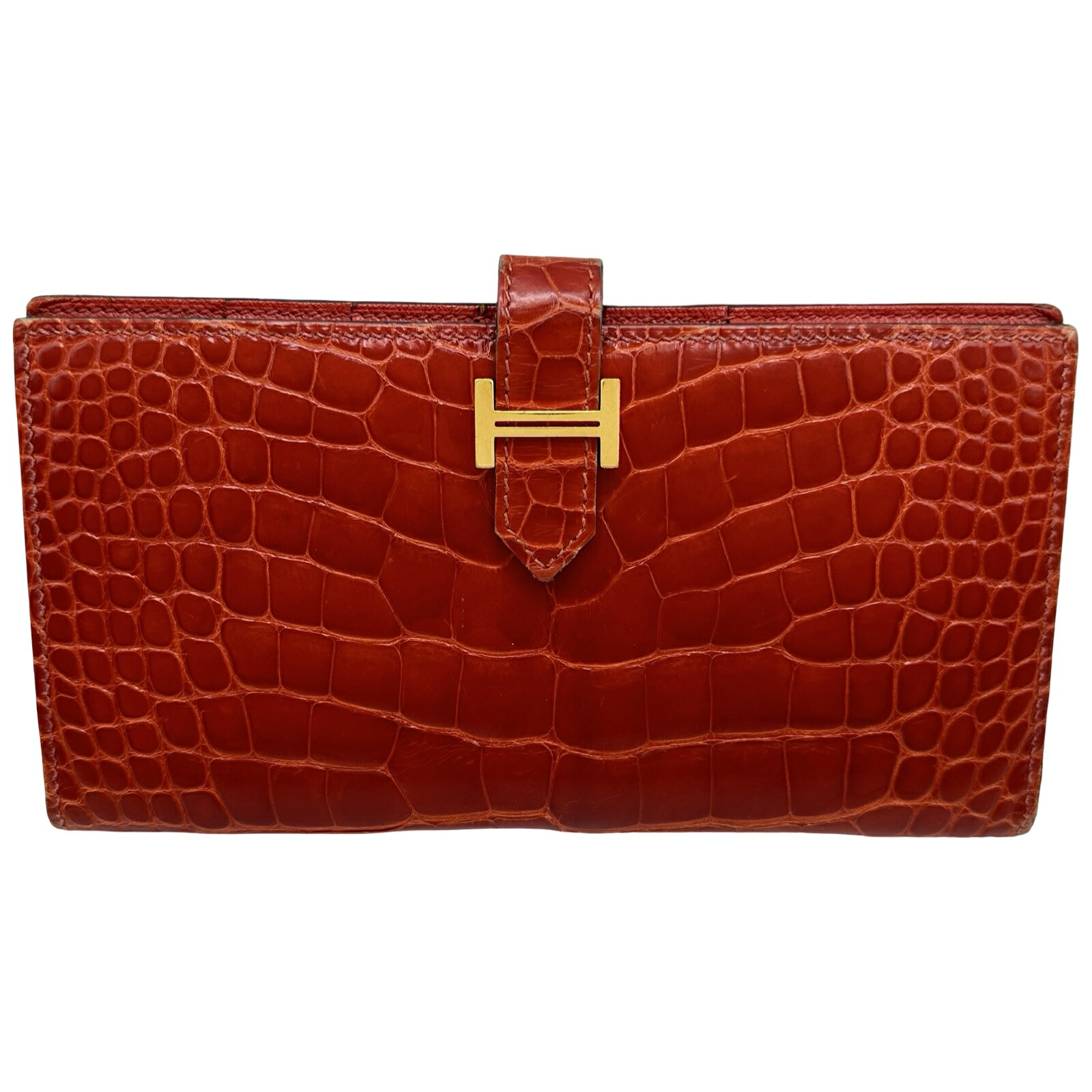 エルメス HERMES べアン T刻印 ゼラニウム ゴールド金具 アリゲーター レディース 長財布【中古】｜OKURA（おお蔵）店 118,500円