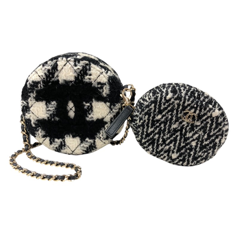 シャネル CHANEL ラウンド チェーンクラッチバッグ AP0986 28番台 千鳥柄 ブラック・ホワイト ツイード/レザー レディース ショルダーバッグ【中古】