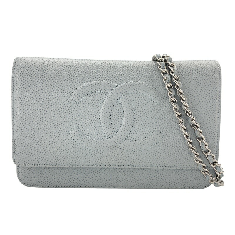 シャネル CHANEL ココマークチェーンウォレット A48654 17番台 ライトブルー SV金具 キャビアスキン レディース ウォレットチェーン【中古】 122,000円