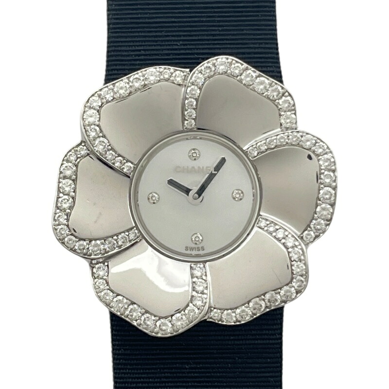 シャネル CHANEL カメリア 白いこと外殻 H1187 白いこと外殻 K18WG/革胴締め 水晶 レディース ウオッチ【中古】 レディース腕時計-腕時計