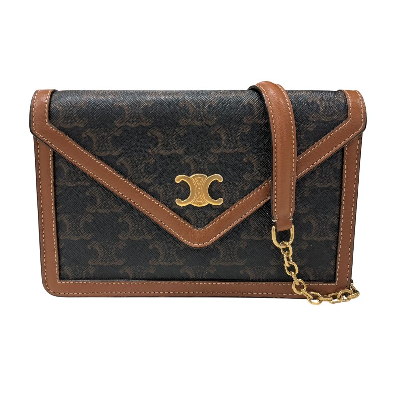 セリーヌ CELINE トリオンフチェーンウォレット 10I822 タン ゴールド金具 カーフ トリオンフキャンバス レディース ショルダーバッグ【中古】