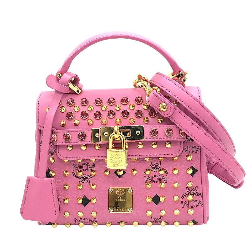 エム・シー・エム MCM ビジュー・スタッズサッチェルバッグ ピンク×GD金具 レザー・ヴィセトスキャンバス レディース ショルダーバッグ【中古】