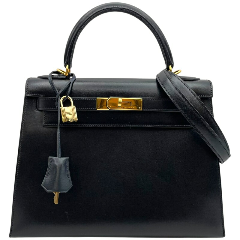 エルメス HERMES ケリー28 外縫い □D刻 ブラック GD金具 ボックスカーフ レディース ショルダーバッグ【中古】
