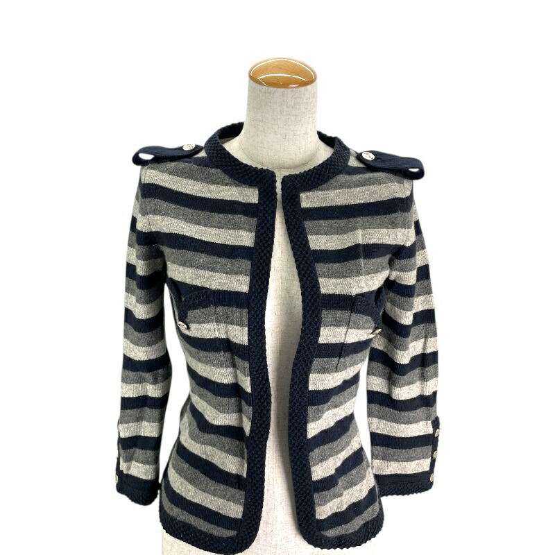 シャネル CHANEL ボーダーカシミヤニットカーディガン P27618 薄墨色 カシミール レディース ジレー【中古】