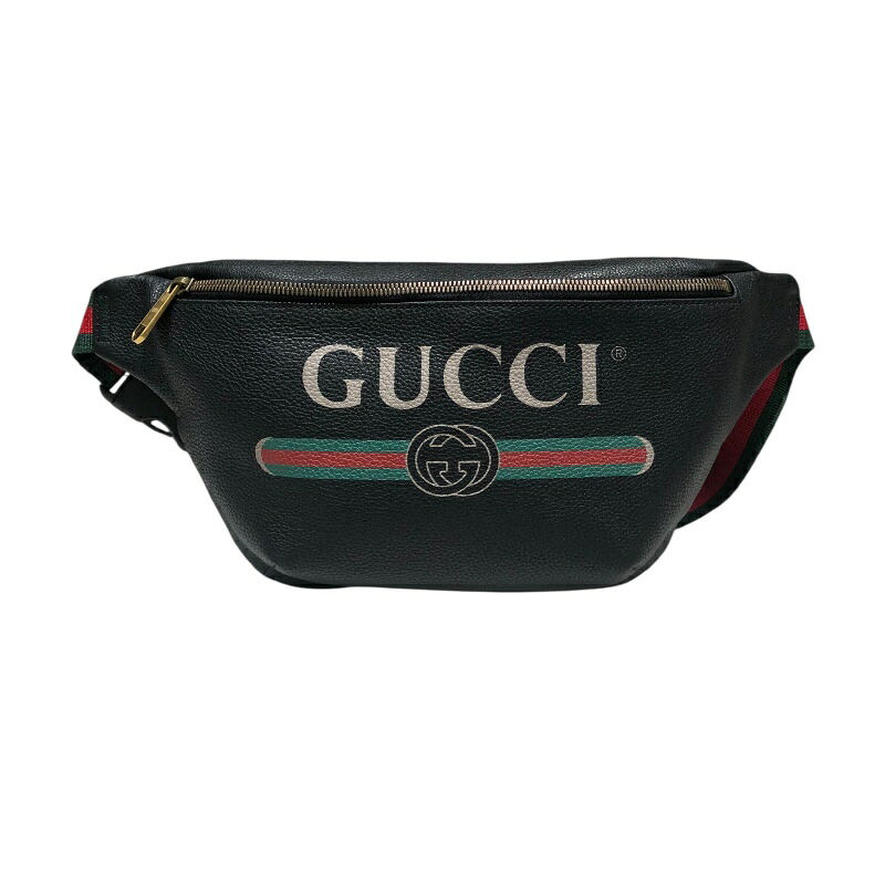 【6/1～ 最大限度30,000円OFF引き換え証！】グッチ GUCCI ﾛｺﾞﾌﾟﾘﾝﾄﾍﾞﾙﾄﾊﾞｯｸﾞ 493869 黒いこと  なめし革 メンズ 上半身御徒面子【中古】
