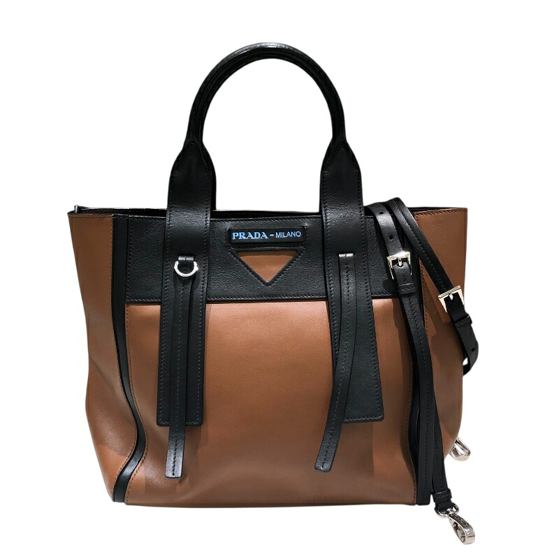 プラダ PRADA ウーヴェルチュールスモール 1BG234 ブラウン/ブラック レザー レディース ハンドバッグ【中古】