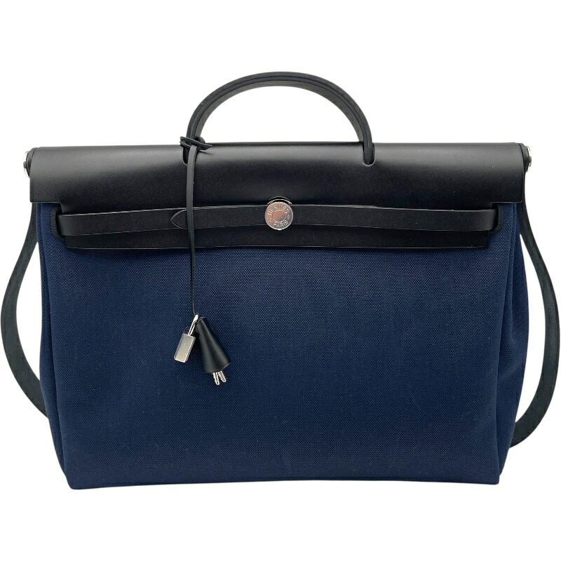 エルメス HERMES エールバッグジップMM W刻 ネイビー SV金具 トワル・ヴァッシュハンター レディース ハンドバッグ【中古】