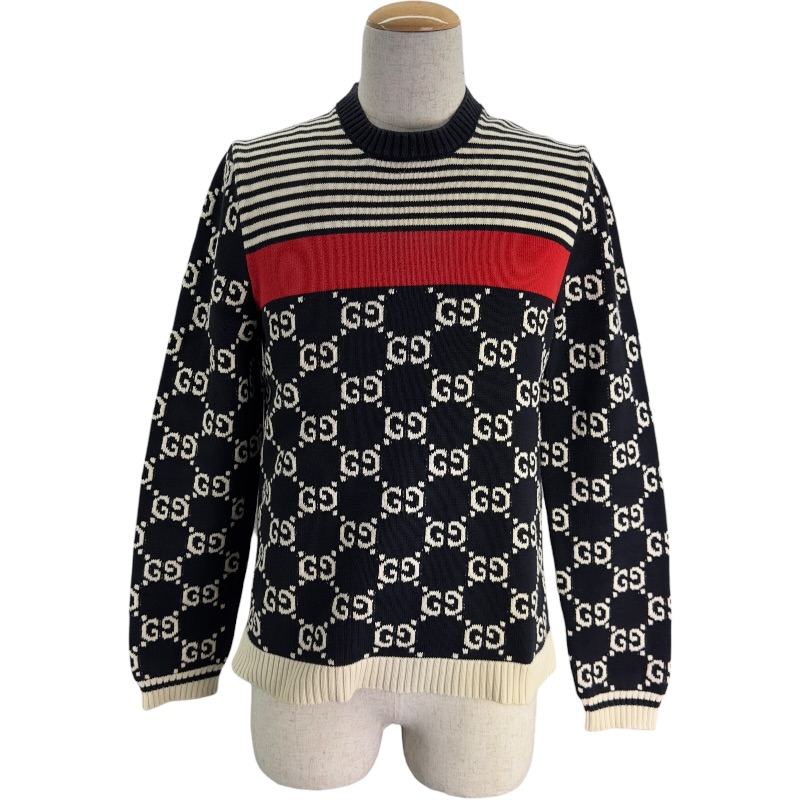 グッチ GUCCI GGジャガードボーダーニットセーター 496458 ブラック コットン メンズ セーター【中古】