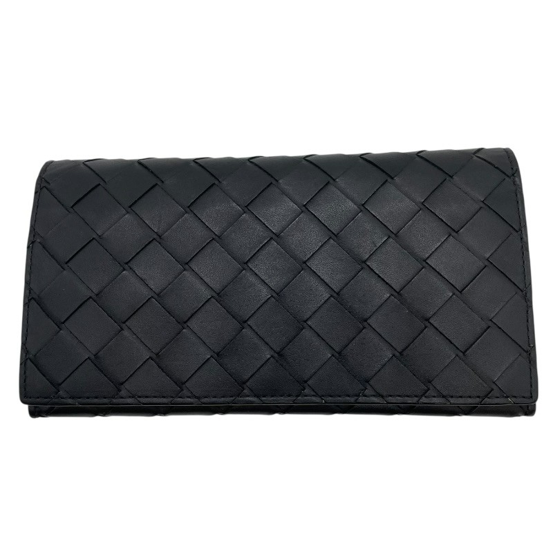 ボッテガ・ヴェネタ BOTTEGA VENETA イントレチャート 二つ折り紙入れ 黒いこと オレンジ色 しろがね色金具 なめし革 ユニ一発やる 長紙入れ【中古】
