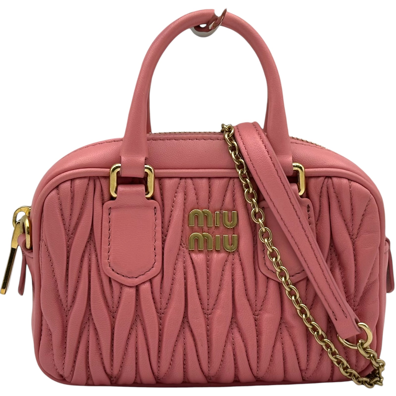 【6/1～ 最大限度30,000円OFFクーポン券！】ミュウミュウ miu miu アルカディ マテラッセレザー ミニ御徒面子 5BP077 サクラ色 ゴールド金具 ナッパレザー レディース ショルダーバッグ【中古】