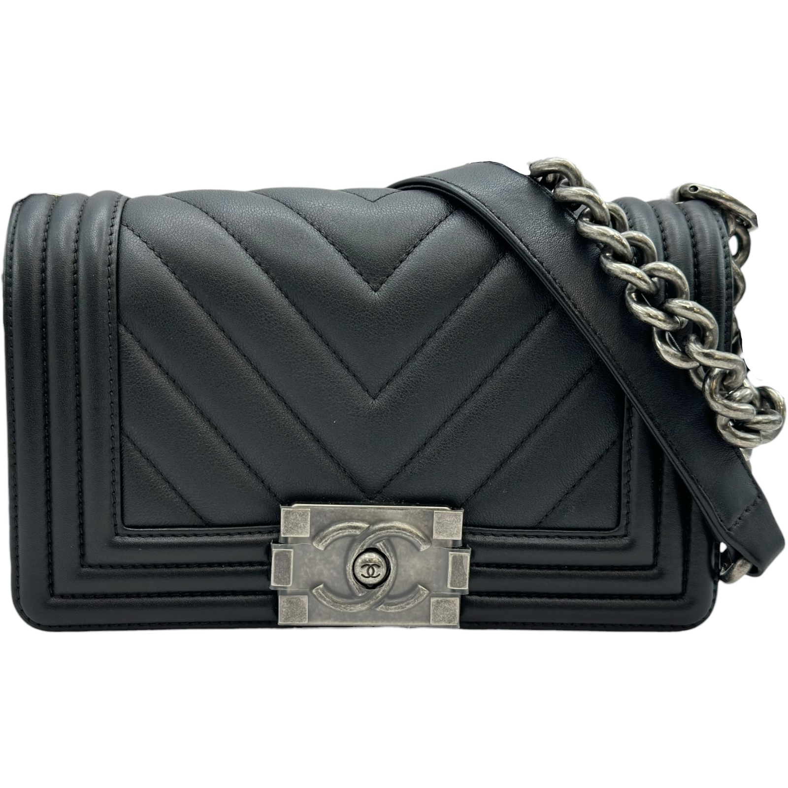 シャネル CHANEL 男の子 シャネル25 Vぬい目 A67085 2番台 黒いこと しろがね色金具 カーフスキン レディース ショルダーバッグ【中古】 レディースバッグ-ショルダーバッグ・メッセンジャーバッグ