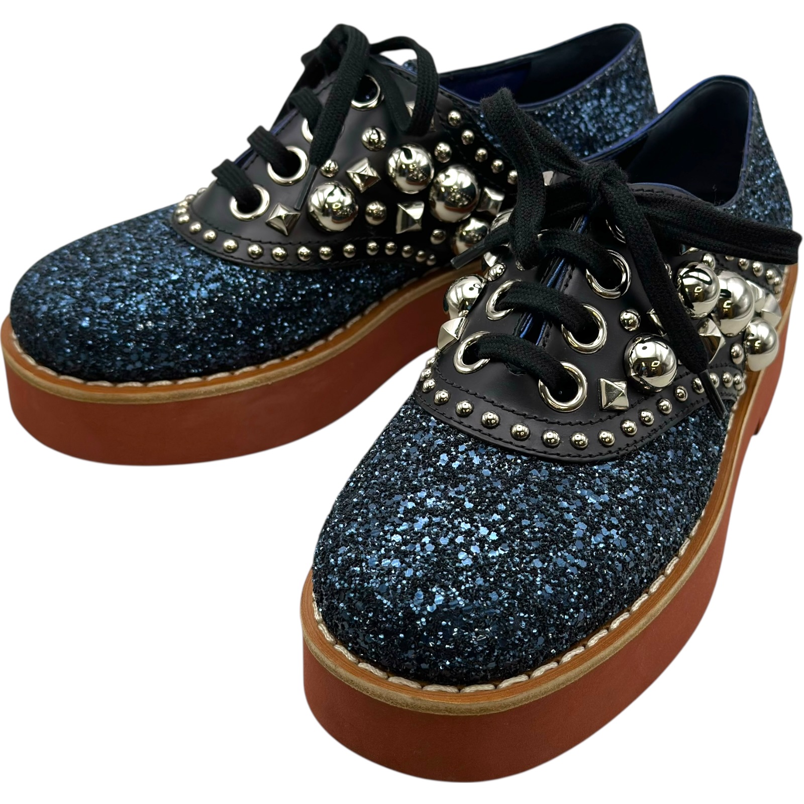 ミュウミュウ miu miu スタッズかざり付けるグリッタードレスシューズ 青み レディース 置き目毛革【中古】