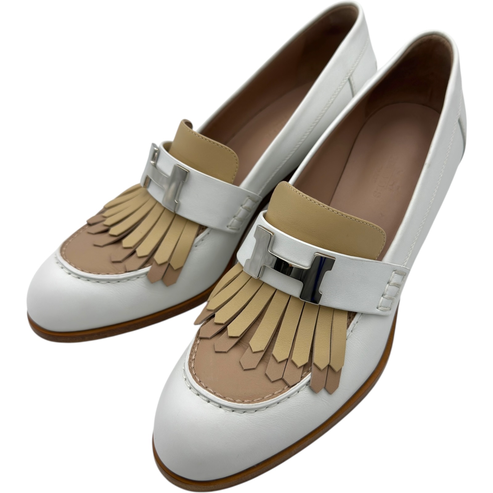エルメス HERMES エリゼ70 ヒールローファー 白いこと なめし革 レディース 置き目毛皮【中古】