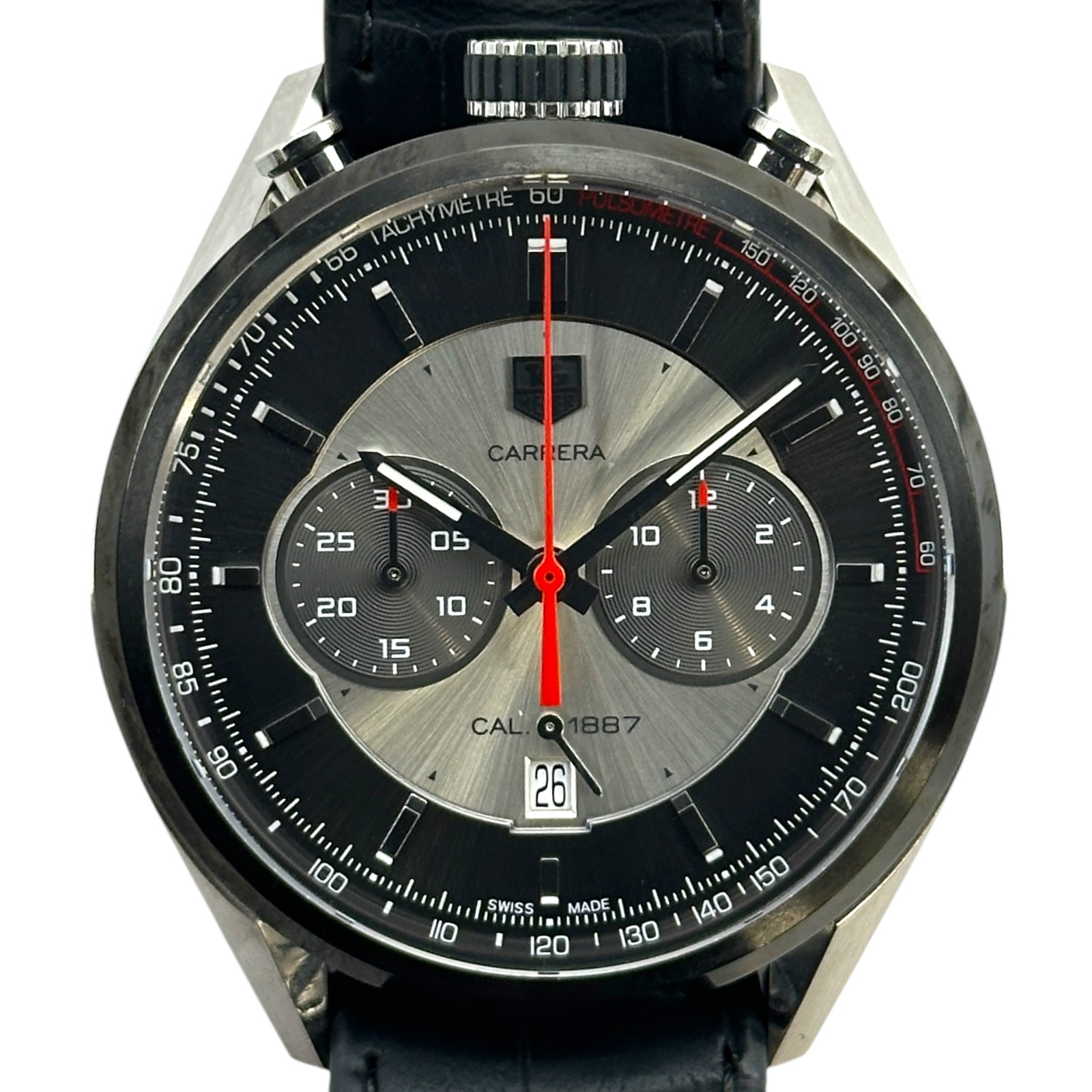 【6/1～ 最大限度30,000円OFFクーポン券！】タグ・ホイヤー TAG HEUER カレラ クロノグラフ キャリバー 1887 ジャック・ホイヤー  CAR2C11.FC6327 しろがね色/靉靆たる薄墨色 ステンレス鋼スチール写真 自動小銃一巻き メンズ ウオッチ【中古】