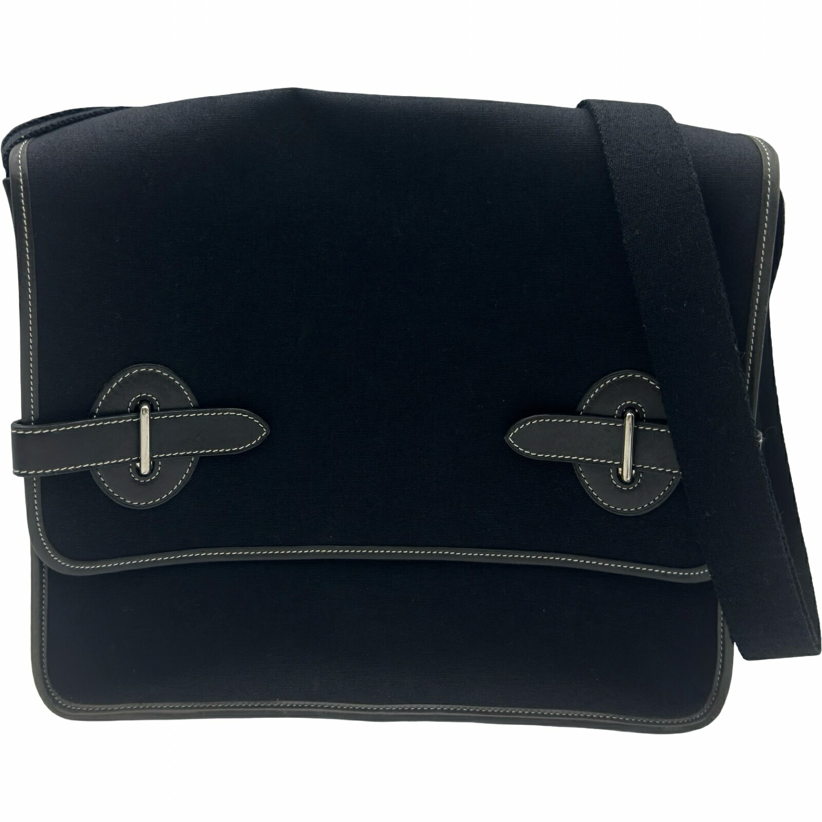 【6/1～ 最大限度30,000円OFFクーポン券！】エルメス HERMES プエナペンチュラPM 黒いこと しろがね色金具 トワル/なめし革 メンズ ショルダーバッグ【中古】