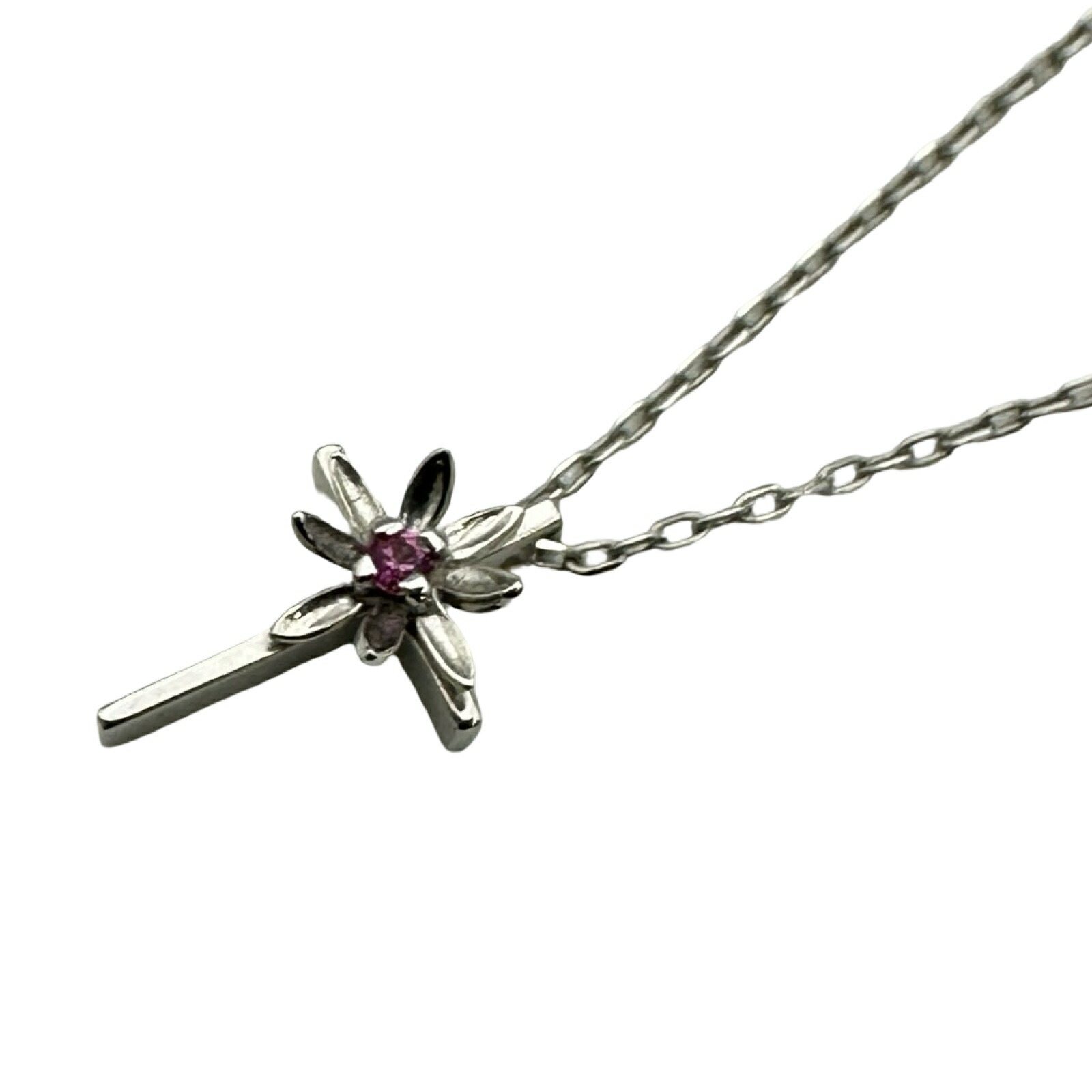 K14/K18クロスモチーフルビーネックレス ホワイトゴールド K14WG/K18WG/ルビー ジュエリー【中古】