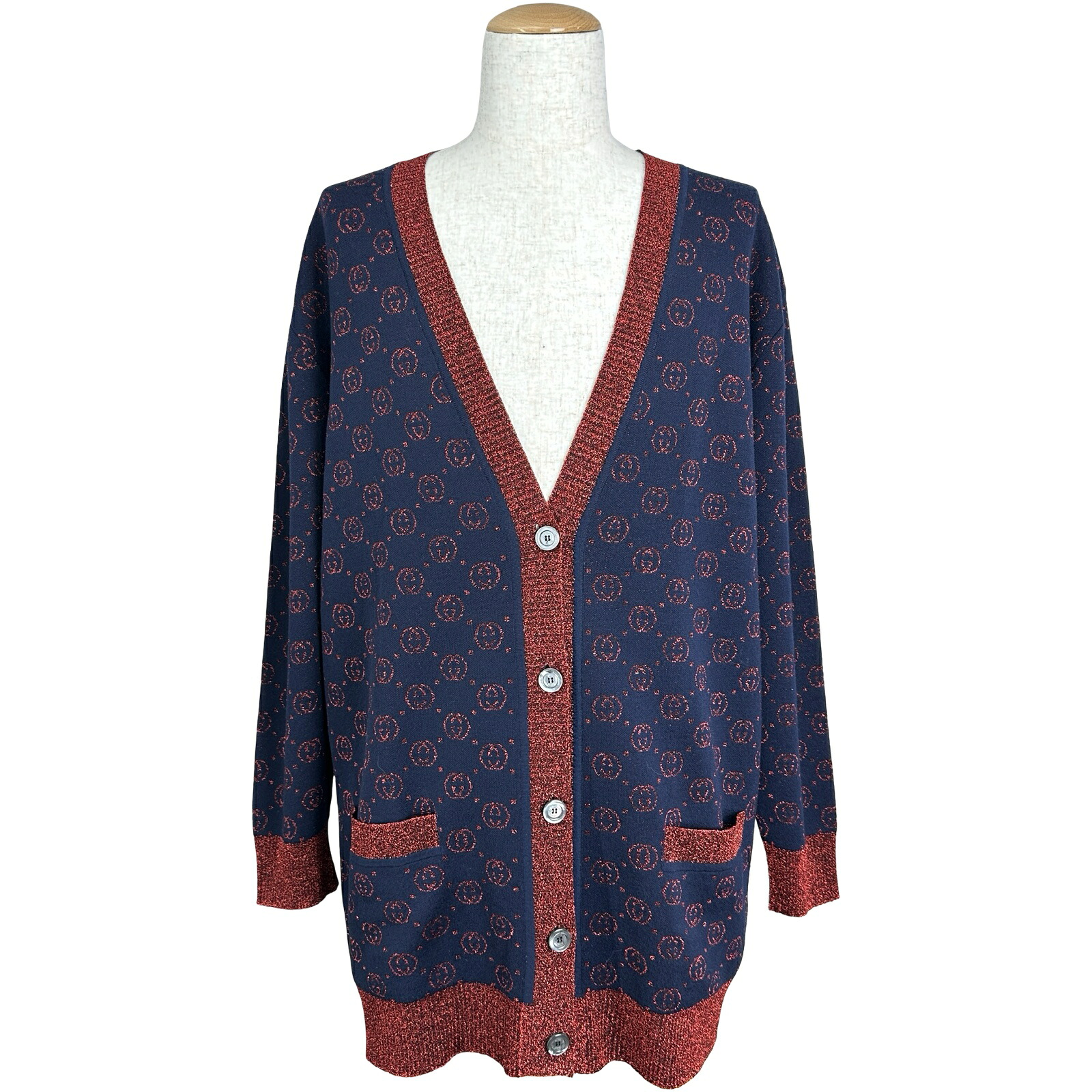グッチ GUCCI インターロッキングGラメニットカーディガン 605910 ネイビー ウール メンズ カーディガン【中古】