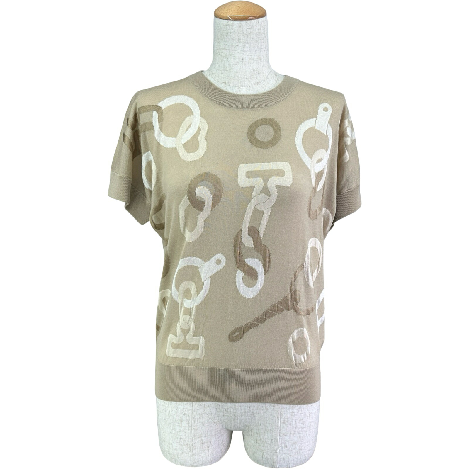 【6/1～ 最大限度30,000円OFFクーポン券！】エルメス HERMES カレイドスコープエフェクト半袖編み物ティーシャツ 4H2640DE ベージュ 羊毛 レディース 編み物【中古】