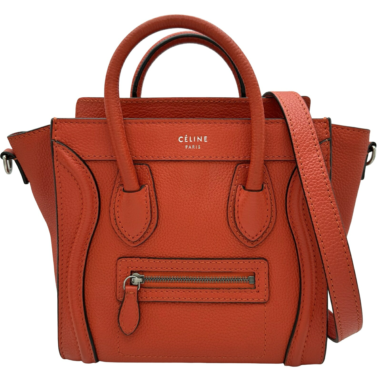 セリーヌ CELINE ラゲージ ナノ ショッパー 168243 オレンジ シルバー金具 レザー レディース ハンドバッグ【中古】
