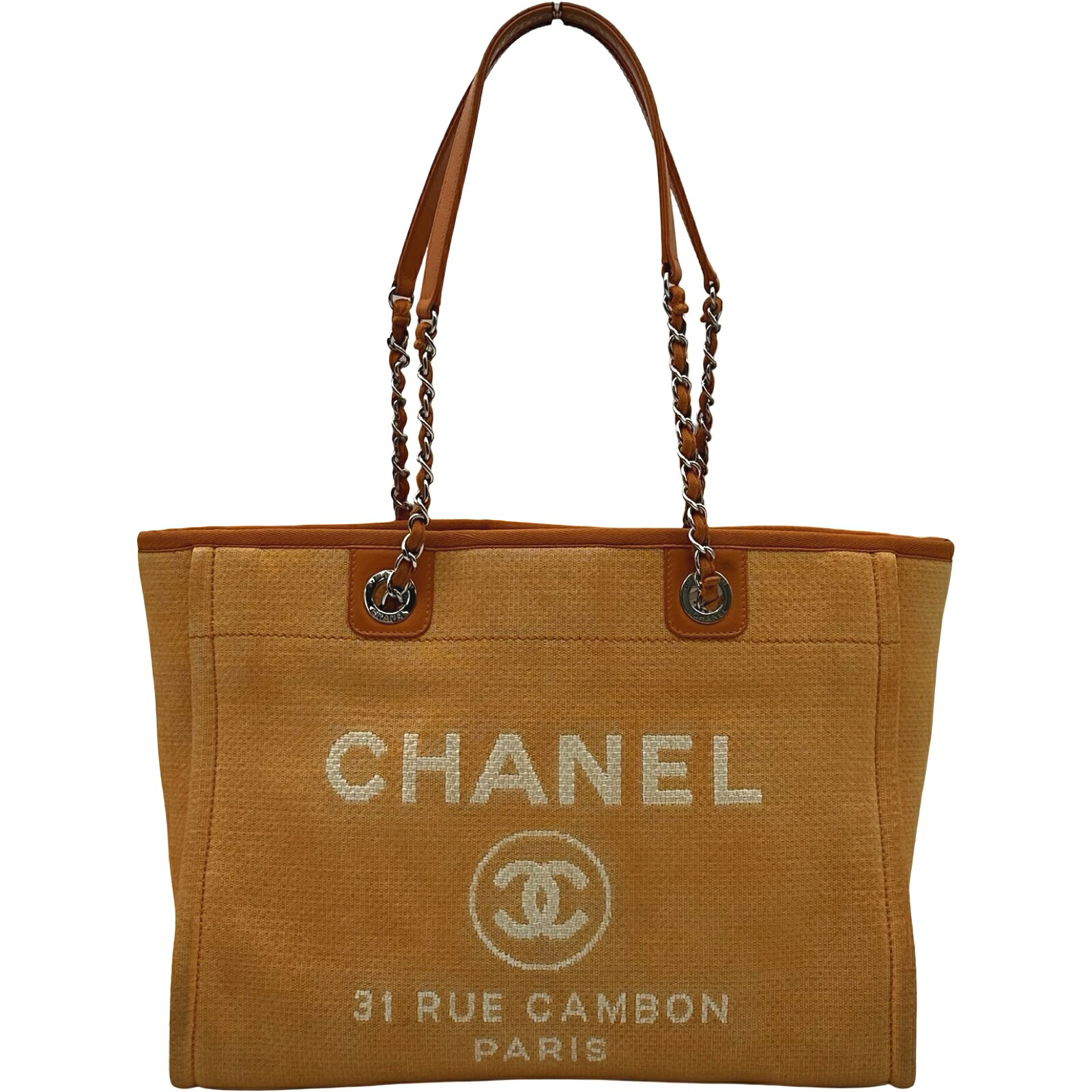 シャネル CHANEL ドーヴィル チェーントートMM A67001 20番台 オレンジ キャンバス レディース トートバッグ【中古】