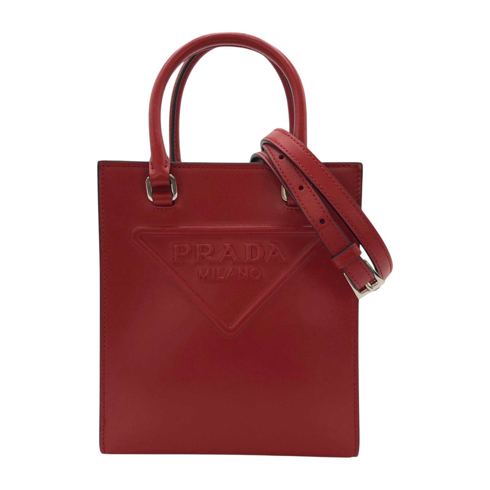 プラダ PRADA トライアングルミニトートバッグ 1BA333 レッド シルバー金具 ソフトカーフ レディース ショルダーバッグ【中古】