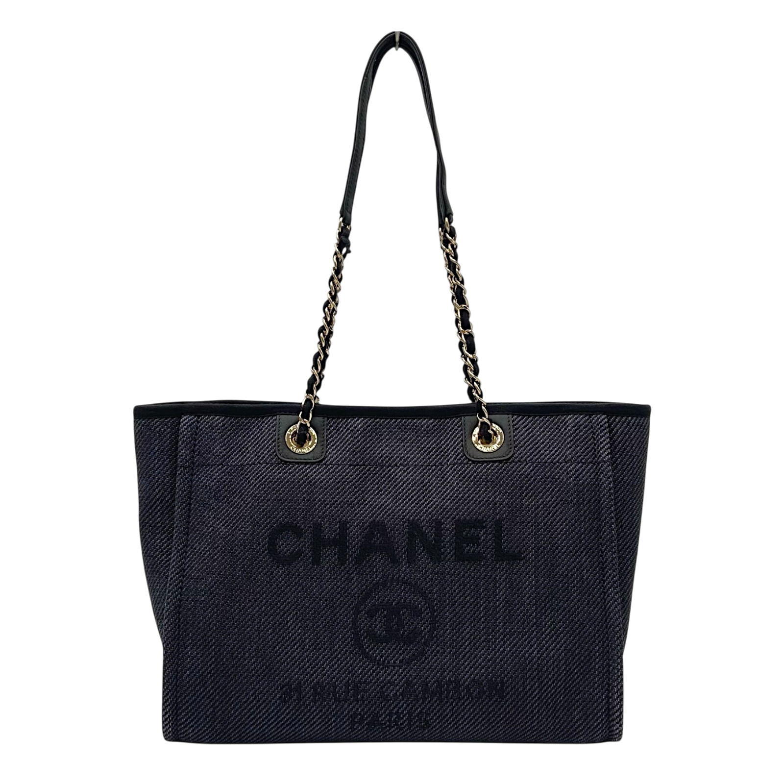 シャネル CHANEL ドーヴィルチェーントートMM A67001 30番台 ネイビー ゴールド金具 ストロー/レザー レディース トートバッグ【中古】|OKURA(おお蔵)店