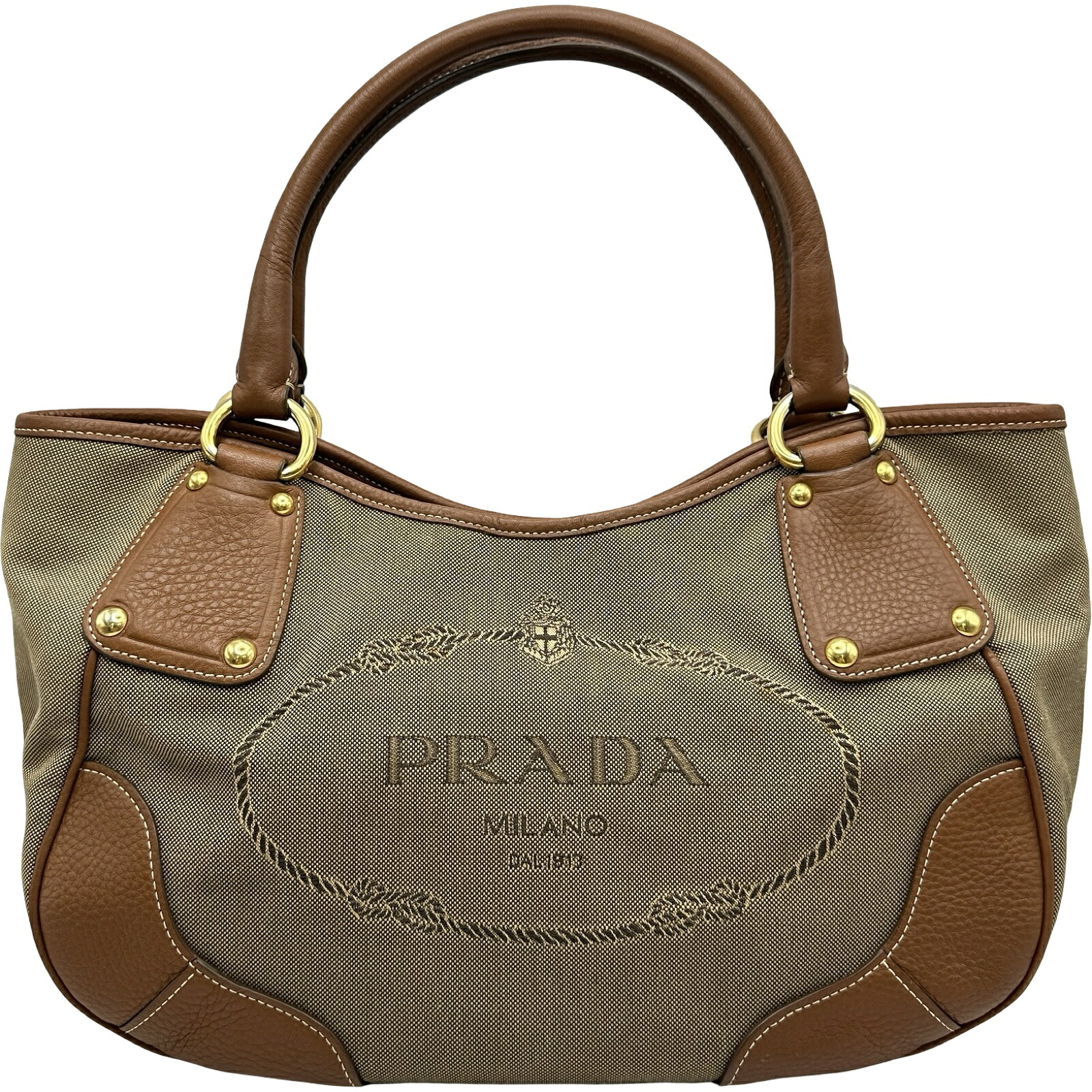 プラダ PRADA ジャガードロゴ トートバッグ BR4635 ブラウン ロゴジャガード レディース トートバッグ【中古】