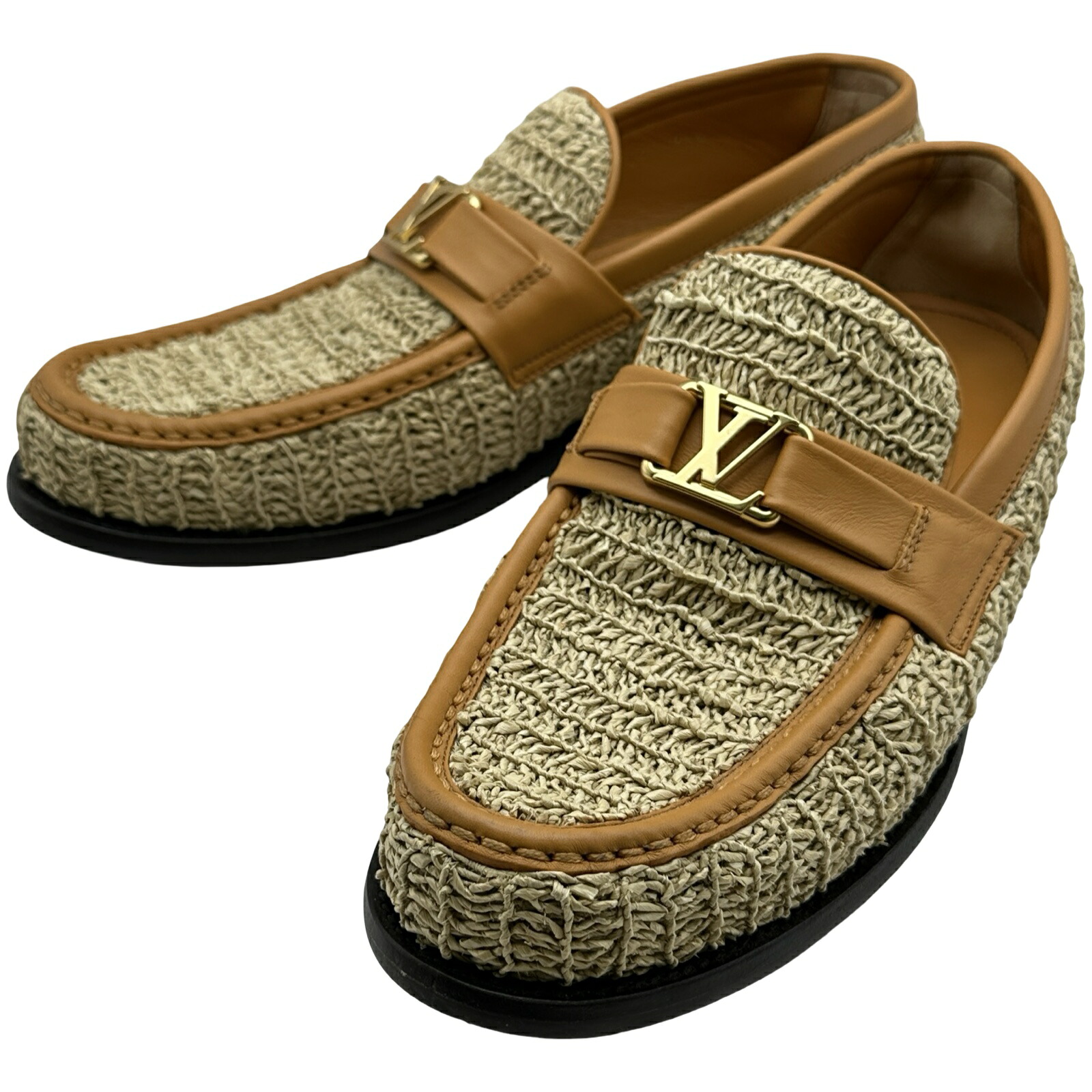 【6/1～ 最大限度30,000円OFFクーポン券！】ルイ・ヴィトン LOUIS VUITTON ラフィアメジャーローファー ベージュ メンズ 置き目毛皮【中古】