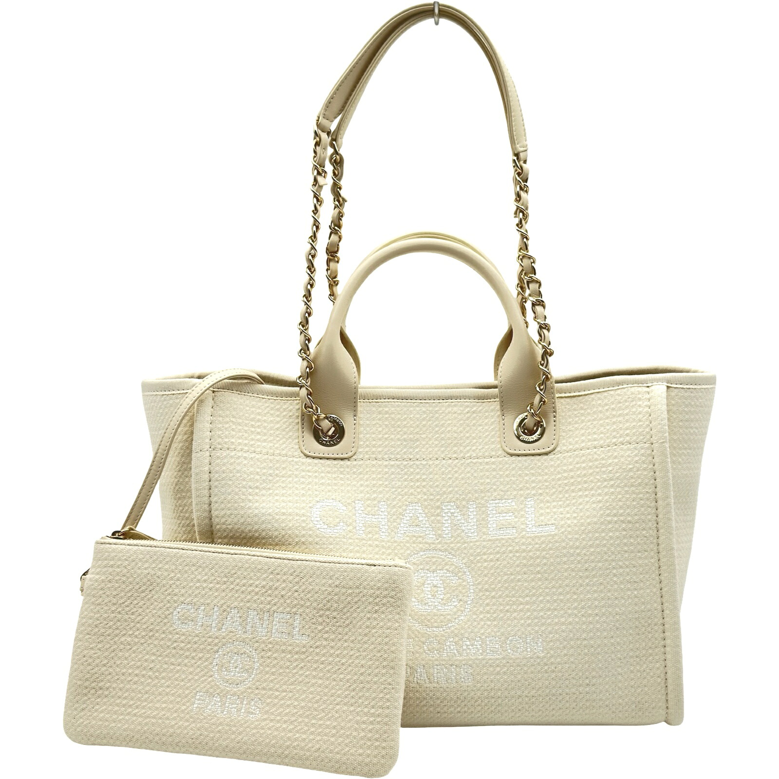 シャネル CHANEL ドーヴィル スモールショッピングバッグ AS3257 白いこと ゴールド金具 綿織物衣料繊維 レディース トートバッグ【中古】