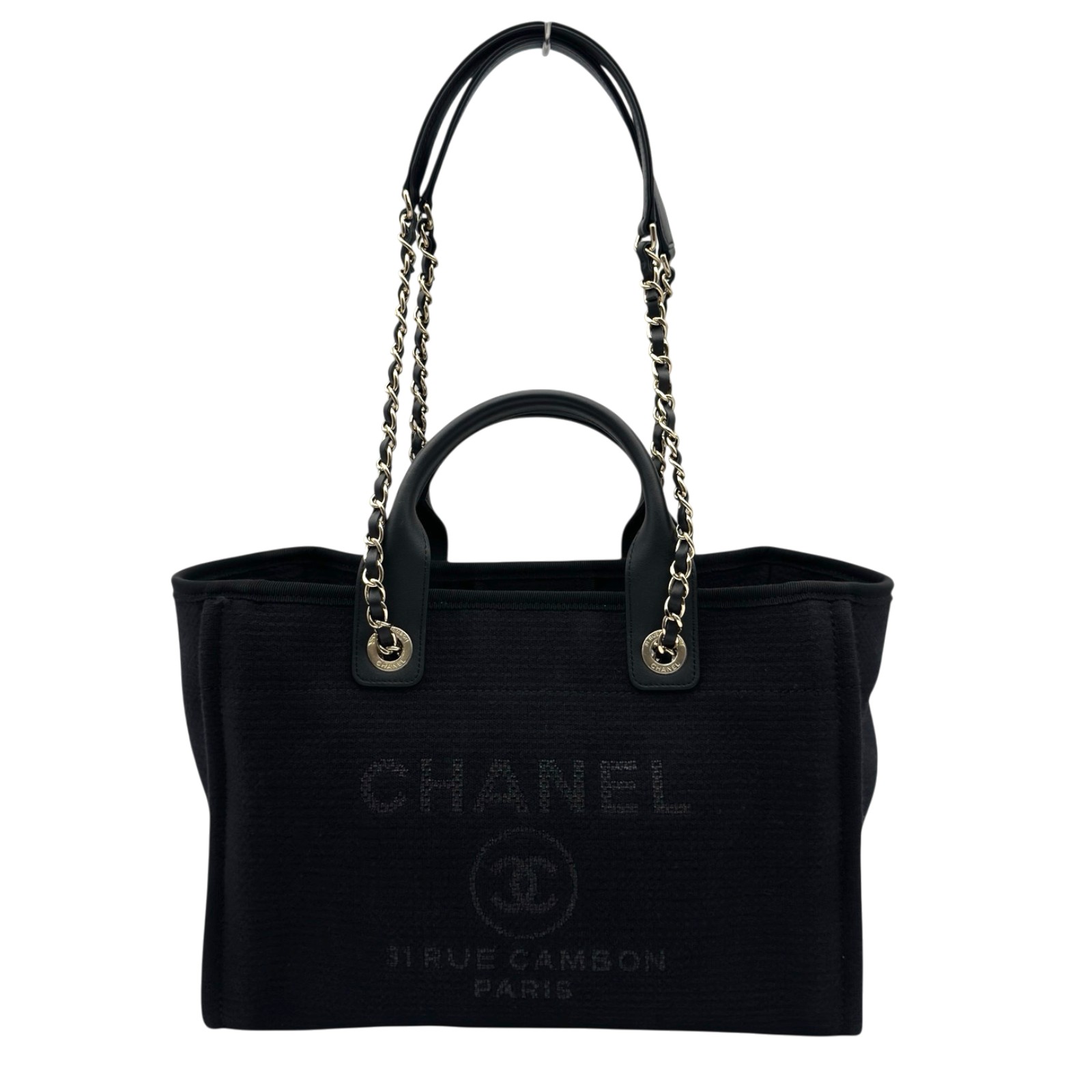 シャネル CHANEL ドーヴィル スモールショッピングバック AS3257 黒いこと しろがね色金具 綿織物衣料繊維 レディース トートバッグ【中古】
