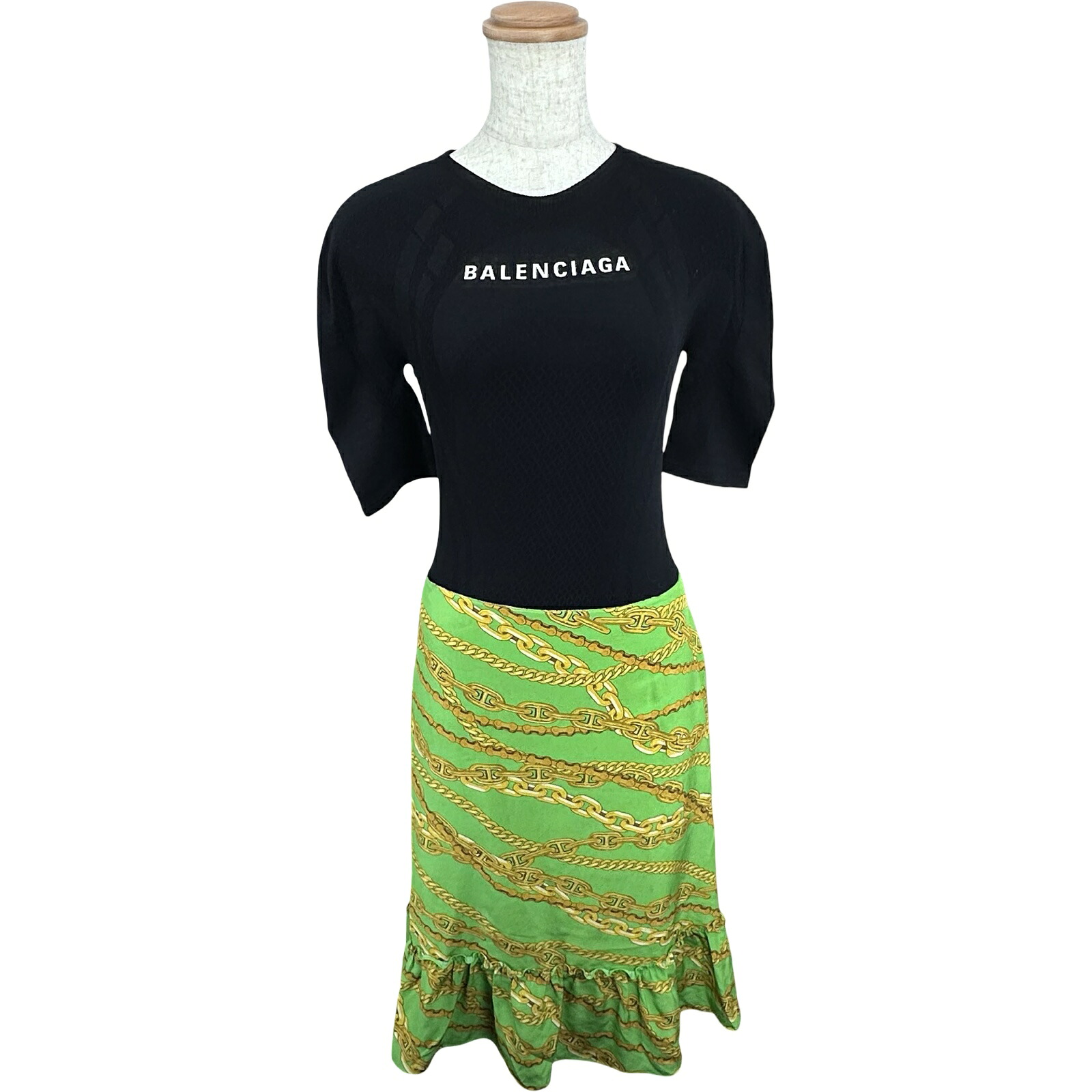 バレンシアガ BALENCIAGA ロゴプリントドッキングワンピース 571126 ブラック コットン レディース ワンピース【中古】|OKURA(おお蔵)店