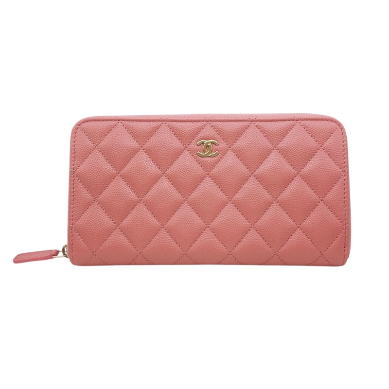 シャネル CHANEL ココマーク ロングジップウォレット A50097 サクラ色 ゴールド金具 キャビア素はだ レディース 長札入れ【中古】