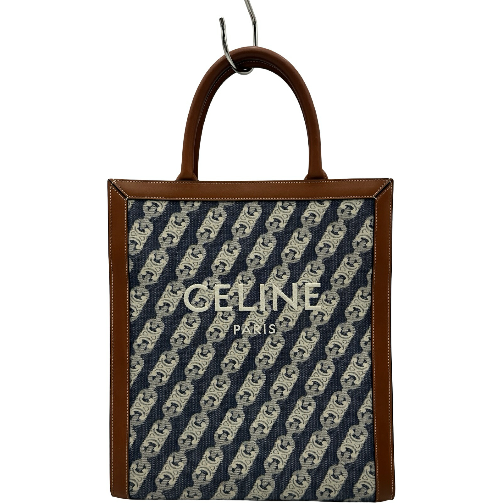 セリーヌ CELINE バーティカルカバススモール ネイビー ゴールド金具 キャンバス カーフ レディース ショルダーバッグ【中古】|OKURA(おお蔵)店