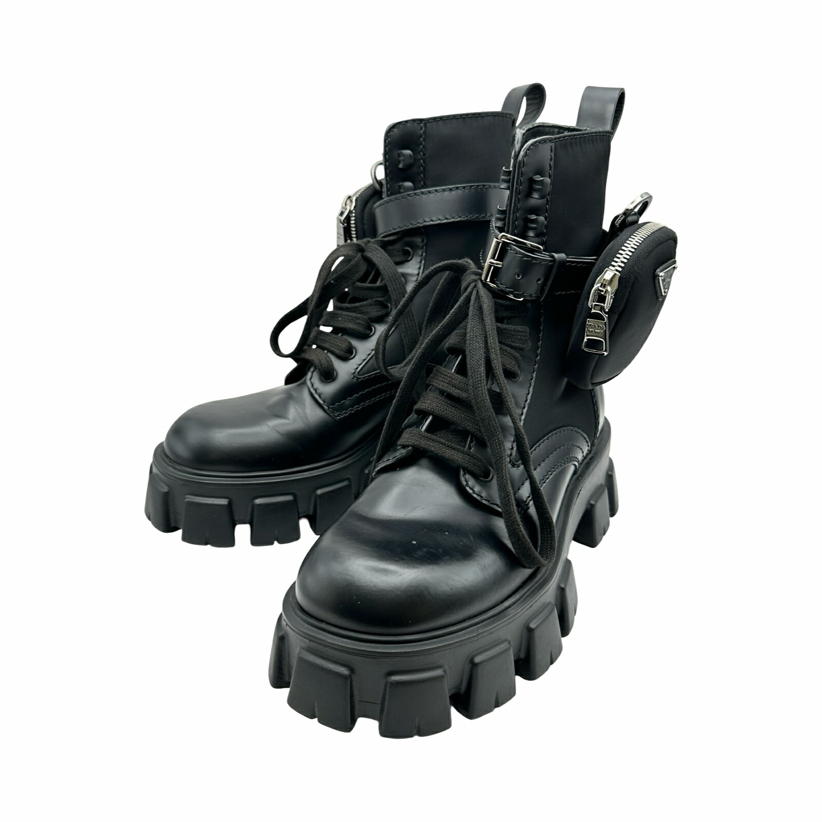 プラダ PRADA モノリス ポーチ付ショートブーツ 2UE007 ブラック レザー メンズ ブーツ【中古】｜OKURA（おお蔵）店
