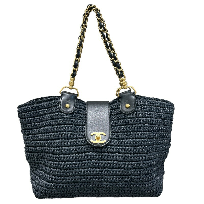 【6/1～ 最大限度30,000円OFF引き換え証！】シャネル CHANEL ラフィアチェーンショルダー 10番台 米国海軍 ゴールド金具 ラフィア なめし革 レディース ショルダーバッグ【中古】