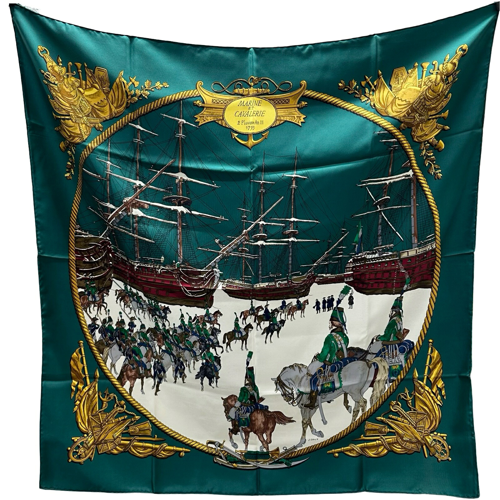 エルメス HERMES カレ90 MARINE ET CAVALERIE 緑であること/ゴールド/白いこと 地絹 レディース えり巻き【中古】