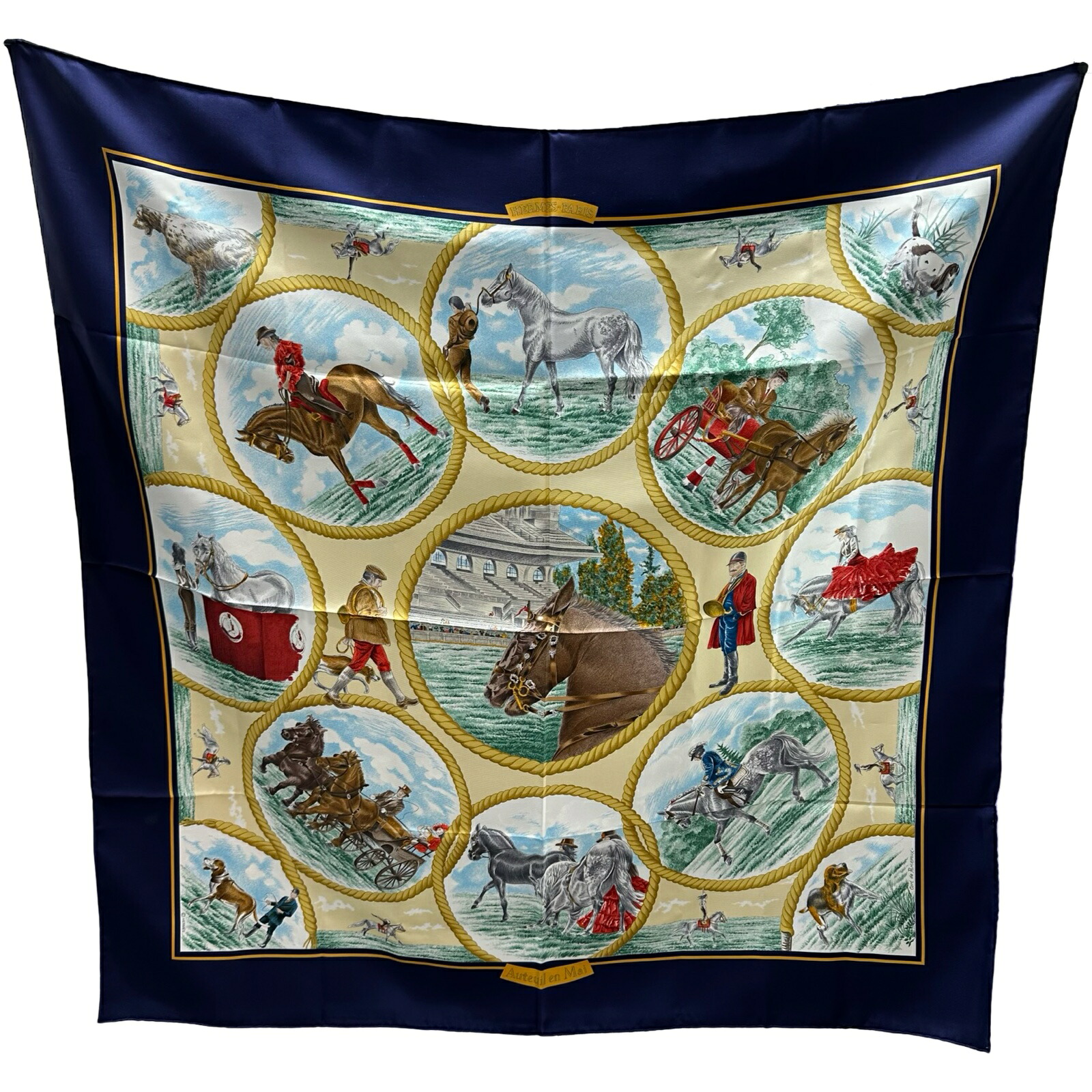 エルメス HERMES カレ90 Auteuil en Mai ベージュ/米国海軍/赤銅色 地絹 レディース えり巻き【中古】