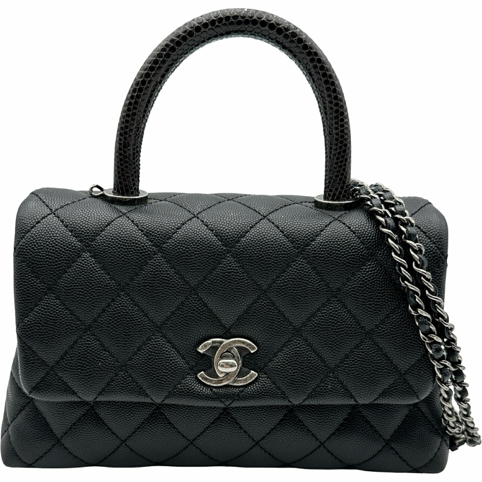 【6/1～ 最大限度30,000円OFF引き換え証！】シャネル CHANEL ココハンドルXS A92990 23番台 黒いこと しろがね色金具 キャビア/蜥蜴 レディース ハンドバック【中古】