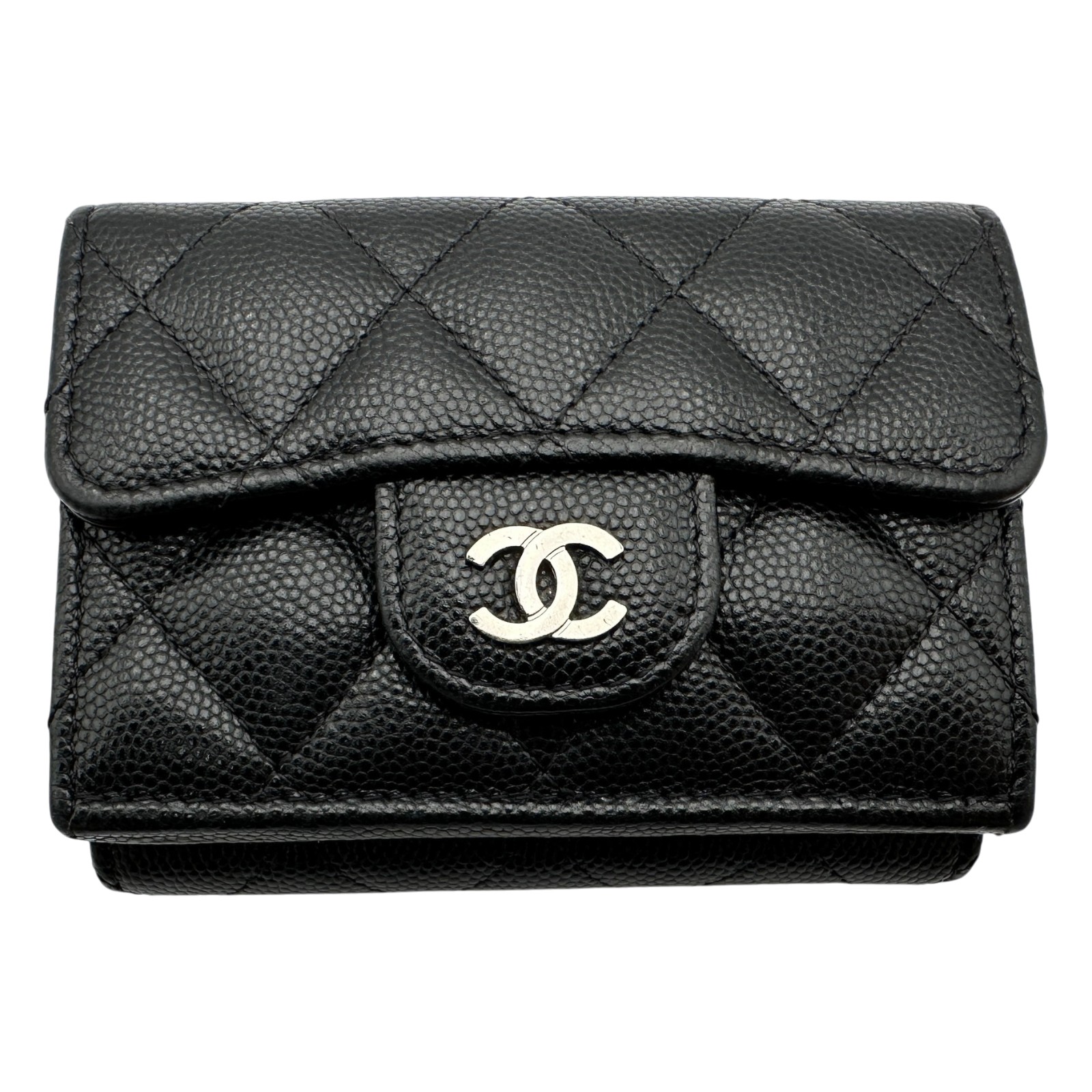 シャネル CHANEL スモールフラップウォレット AP0230 31番台 黒いこと しろがね色金具 キャビアひと肌 レディース 三つ折り金入れ【中古】