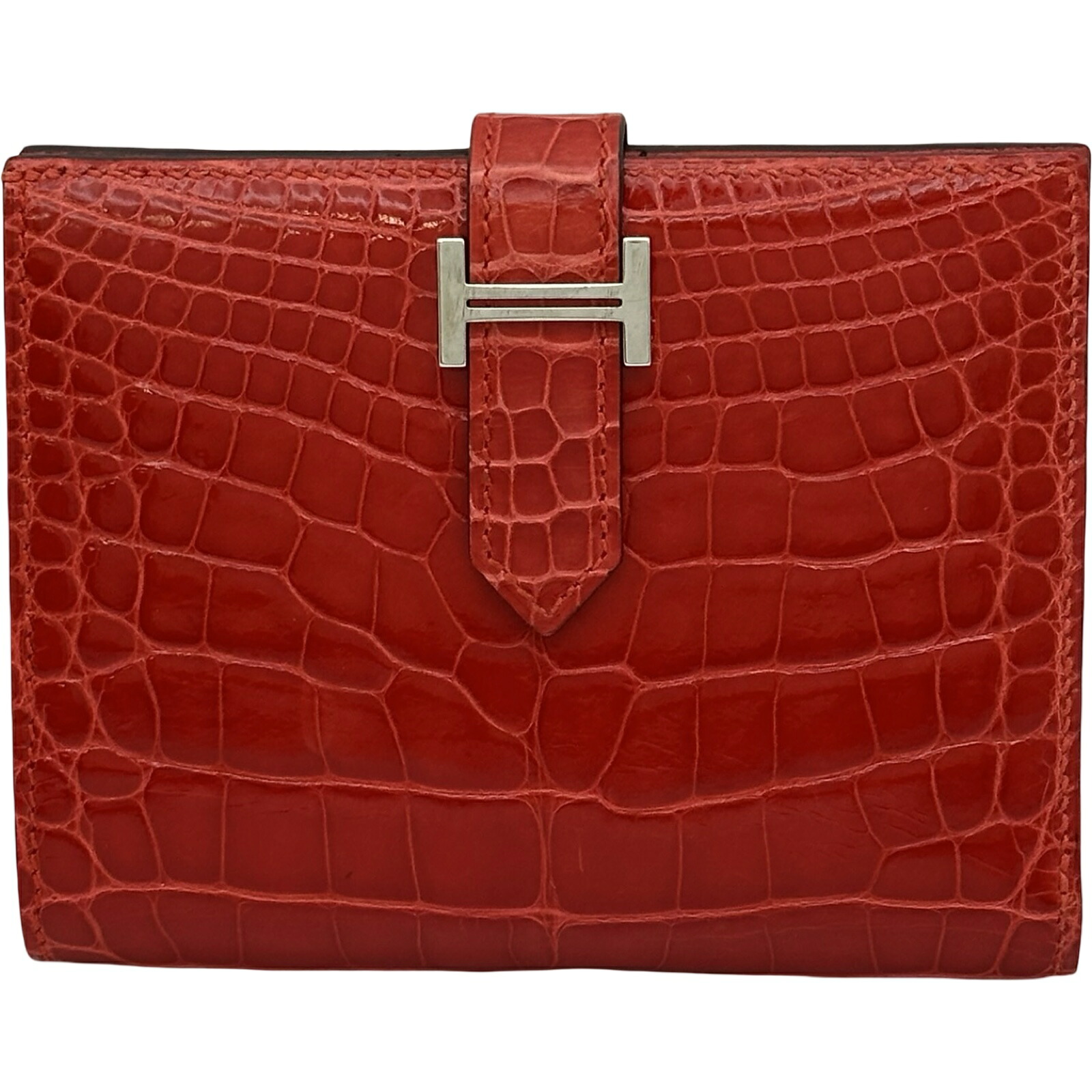 【6/1～ 最大限度30,000円OFF引き換え証！】エルメス HERMES べアンコンパクト X目じるし ゼラニウム しろがね色金具 アリゲーターリセ ユニ一発やる 二つ折り金入れ【中古】