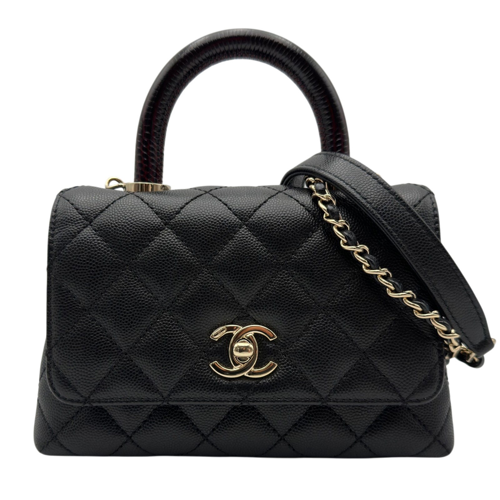 【6/1～ 最大限度30,000円OFF引き換え証！】シャネル CHANEL ココハンドルXXS AS2215 黒いこと ゴールド金具 キャビア素はだ/リザードスキン レディース ショルダーバッグ【中古】