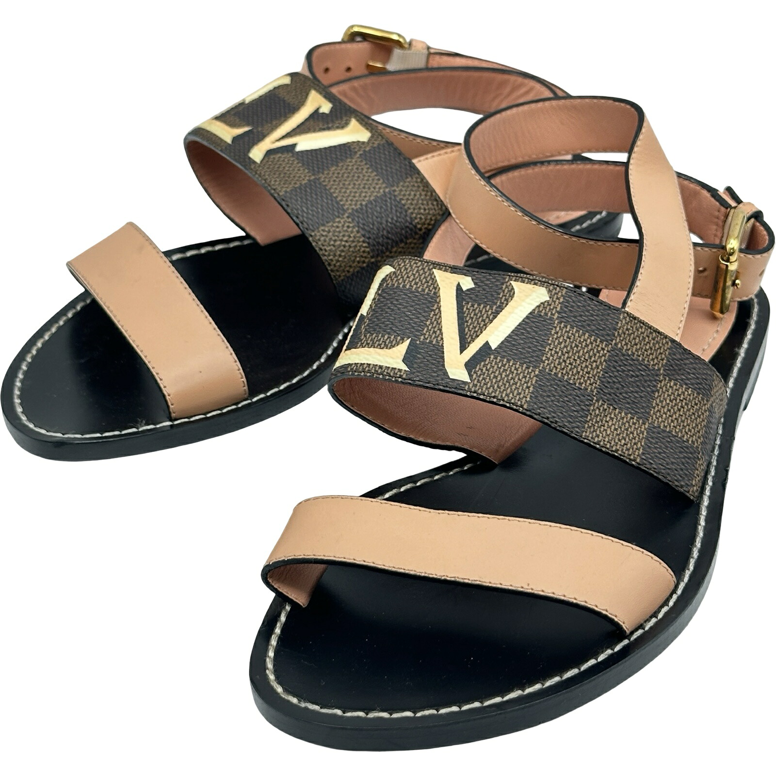 ルイ・ヴィトン LOUIS VUITTON ダミエロゴフラットサンダル SC0139 サクラ色 なめし革 レディース サンダル【中古】