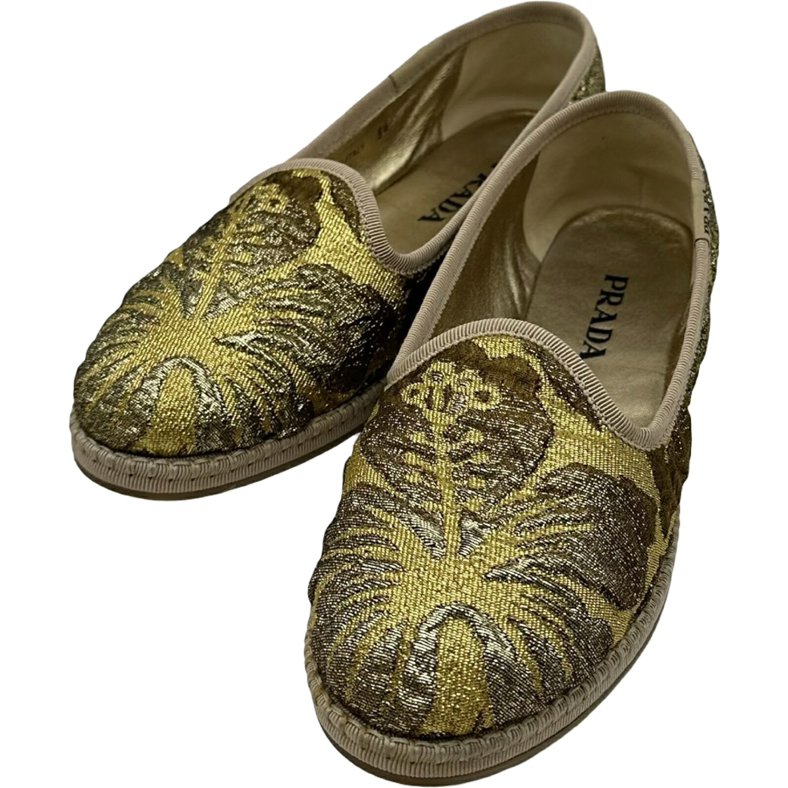 プラダ PRADA 花柄平ったいシューズ ゴールド ジャ差し固める レディース 余分の物靴【中古】