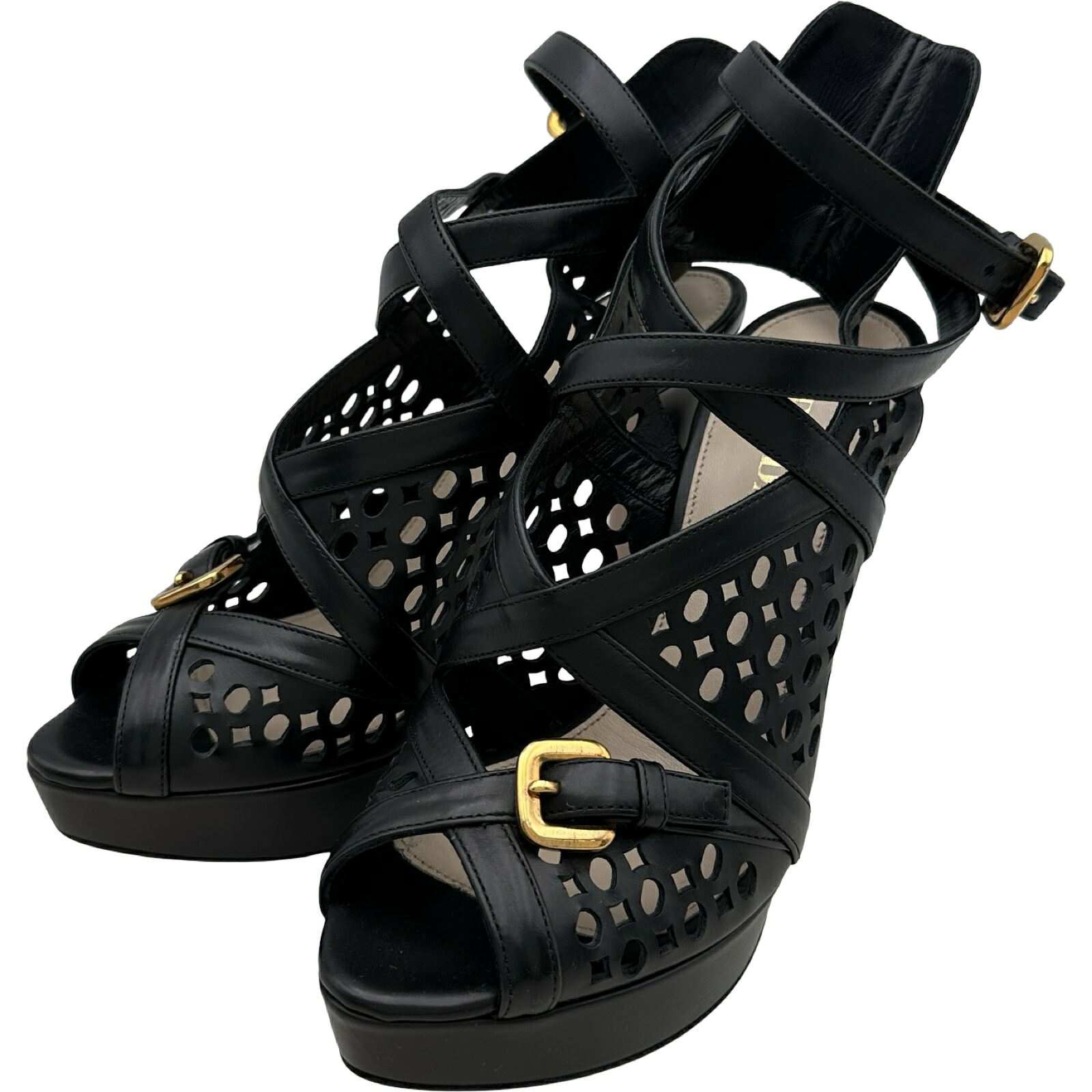 【6/1～ 最大限度30,000円OFF引き換え証！】プラダ PRADA メッシュレザーヒールサンダル 1AH0ED 黒いこと なめし革 レディース サンダル【中古】