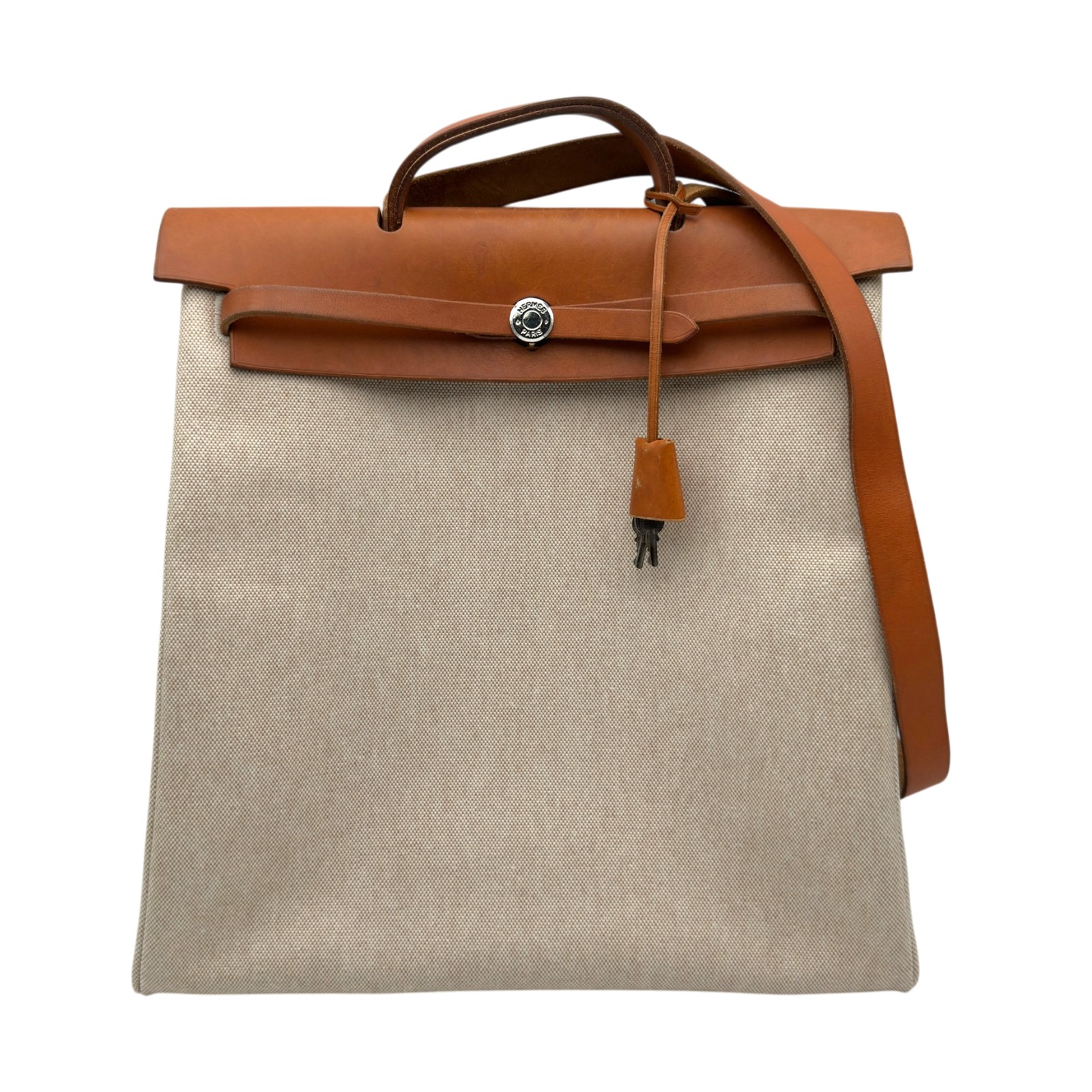 【6/1～ 最大限度30,000円OFFクーポン券！】エルメス HERMES 叫び泣き御徒面子MM □C刻 ベージュ/ゴールド ゴールド金具 トワル・レザー メンズ ショルダーバッグ【中古】