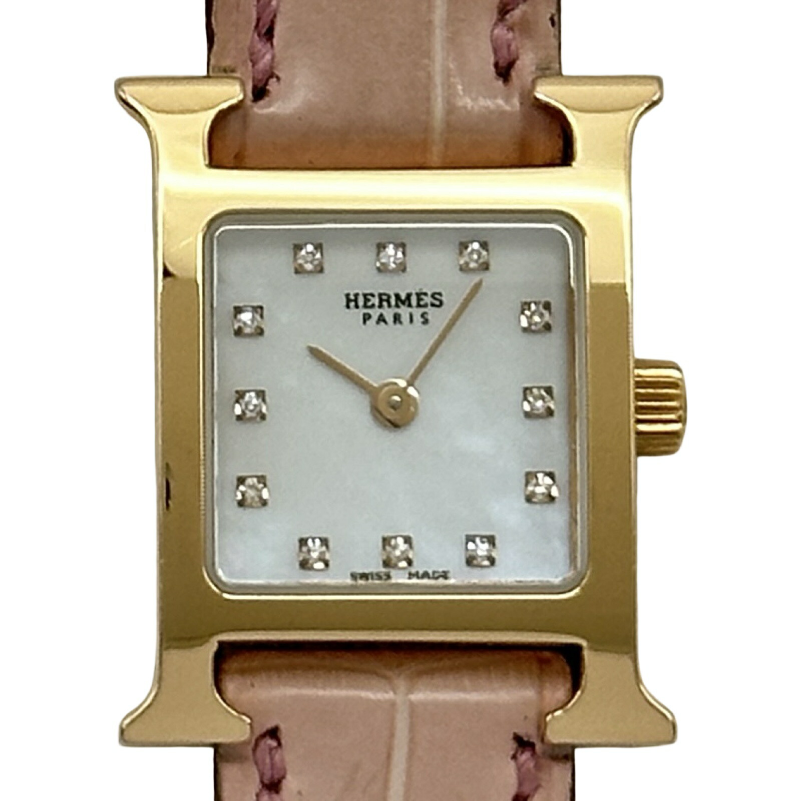 【6/1～ 最大限度30,000円OFF引き換え証！】エルメス HERMES H御覧になる HH1.170 白いこと甲殻 さくら色ゴールド 石英 レディース ウオッチ【中古】